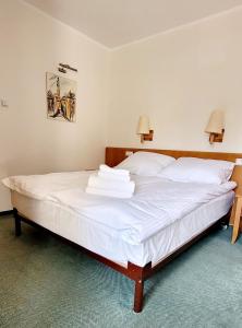 绿山城Hotel Zajazd Kultury, dawniej Pocztowy的一间卧室配有一张带白色床单的大床