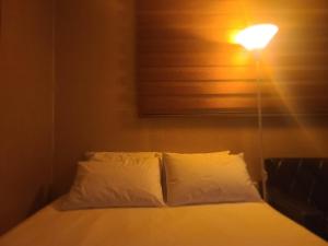 仁川市TreehouseUnseo GuestHouse的一张带白色枕头的床和墙上的灯