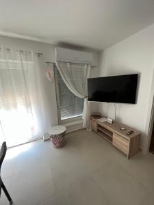 雷夫菲勒普JÁNHÁZ Apartman Révfülöp的客厅配有壁挂式大屏幕平面电视