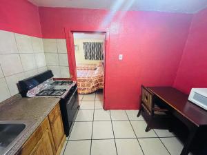新奥尔良Royal Palms Motel的厨房配有炉灶和红色墙壁