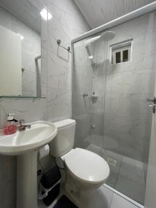 坎波斯杜若尔当Kitnets da Lane的浴室配有卫生间、淋浴和盥洗盆。