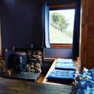 AlaskaCasa de campo Jaulares的客房设有炉灶和带蓝色窗帘的窗户。