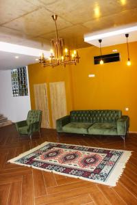 泰拉维Hotel mia Telavi的客厅配有绿色沙发和地毯。