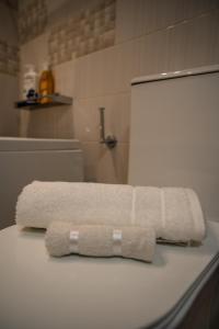 Ágios RókkosZoes Luxury Apartment Corfu的浴室内一个台面上的一个毛巾