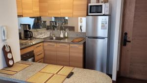 圣地亚哥San Diego的厨房配有不锈钢冰箱和微波炉。