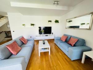 圣乌尔苏拉Tenerife Family Home的客厅配有2张蓝色沙发和电视