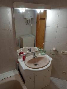 陶尔Apartamento con terraza y vistas panorámicas en Taüll的浴室配有盥洗盆、卫生间和浴缸。