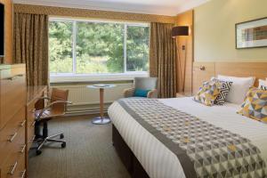 埃文河畔斯特拉特福The Welcombe Golf & Spa Hotel的配有一张床、一张书桌和一扇窗户的酒店客房