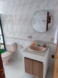 阿纳波伊马Hermosa y espaciosa casa familiar en Anapoima的一间带水槽、卫生间和镜子的浴室