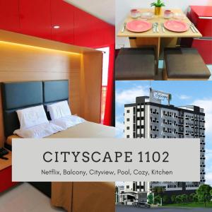 巴科洛德Cityscape Residences 1102的一张床铺和一张桌子的酒店客房照片的拼合