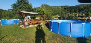 CrnčaAUTO KAMP DRINA的湖畔的游泳池和野餐桌