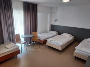 绿山城WOSiR Drzonków的酒店客房设有两张床和一张桌子。