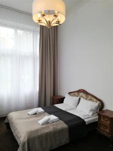 索波特Rewita Rusałka的一间卧室配有一张床和一个吊灯