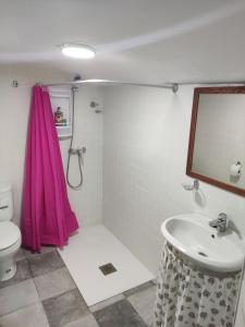 GorafeCueva Navarro的浴室设有粉红色的淋浴帘和水槽