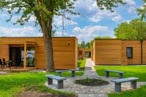 迈泽克韦什德Zsóry Liget Camping & Resort的配有长椅和一棵树的组合式房屋