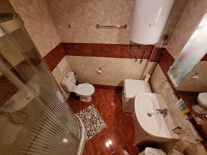埃勒尼特Privilege Fort beach Apartman Sveti Vlas 61m2的一间带卫生间和水槽的小浴室
