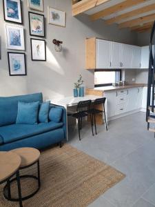 博尔斯克Stark House Gallery的一间带蓝色沙发的客厅和一间厨房