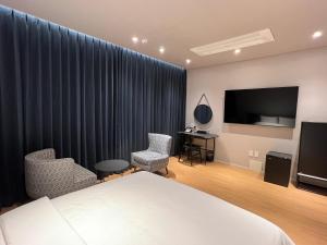 昌原市Jinhae Intercity Hotel的配有一张床和一台平面电视的酒店客房
