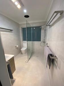 曼哲拉运河梦度假屋的一间带玻璃淋浴和卫生间的浴室