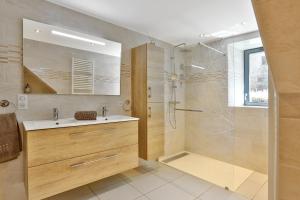蒙蒂尼亚克Ferme des Petites Oreilles 4 étoiles的带淋浴、水槽和玻璃淋浴间的浴室