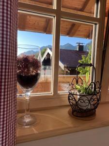 格拉绍Ferienwohnung Schreiner-Viehhausen的坐在窗边的一杯葡萄酒