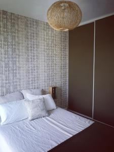 Montastruc-la-ConseillèreChez Jo chambre d'hôtes的卧室配有一张带吊灯的大型白色床。