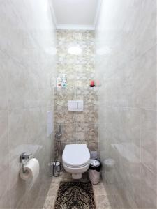 阿拉木图Очень уютная квартира рядом с посольством США的白色的浴室设有卫生间和淋浴。