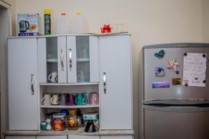 ZanderijSonja's Guesthouse的厨房配有冰箱旁的白色橱柜