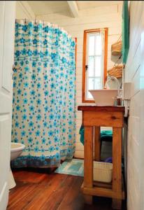 蒂格雷MauMari的浴室配有淋浴帘和盥洗盆。