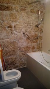 瓜尔达Turismo Rural Macieira Brava的石质浴室设有卫生间和浴缸。