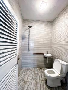 达累斯萨拉姆Gallivanters Hostel的一间带卫生间和水槽的浴室