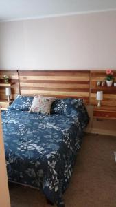 奇廉内瓦达斯DEPARTAMENTOS TERMAS DE CHILLAN的一间卧室配有一张带木制床头板的床