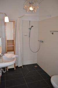 哈弗尔河畔勃兰登堡Wassersportzentrum Alte Feuerwache的带淋浴、卫生间和盥洗盆的浴室