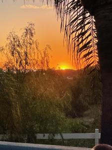 蒂梅丘拉Yurt Escape with Amazing Country Views的透过带栅栏的窗户看到的日落