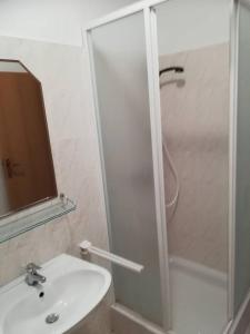 普利兹巴Apartment Grscica 4487a的带淋浴和白色盥洗盆的浴室