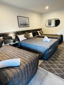金皮Y Motels Gympie的酒店客房,设有两张床和镜子