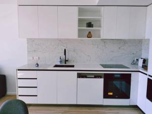 堪培拉Brand New PARK AVENUE Apartment in the Heart of Canberra City的白色的厨房配有水槽和洗碗机