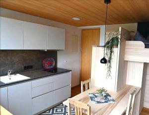 RaggalApartment BergIN的厨房配有白色橱柜和带水槽的桌子