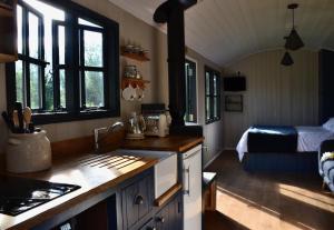 布里斯托Large Luxury Shepherds Hut with Hot Tub nr Bath的一个带水槽的厨房和一张位于客房内的床