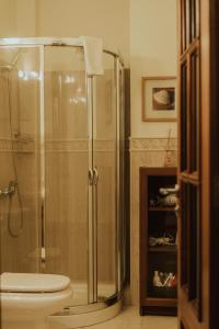 戈梅拉岛圣塞瓦斯蒂安Apartamento en Casco Histórico的带淋浴和卫生间的浴室以及壁炉。