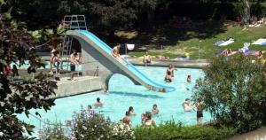 贝林佐拉[NEW BELLINZONA] Grazioso Nido a ☆☆☆☆☆的一群人在带滑梯的游泳池里