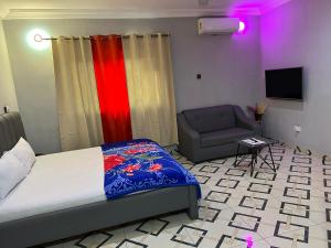 阿克拉Bonsukoda Lodge的一间卧室配有一张床、一把椅子和电视