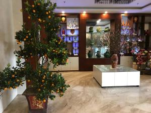 河内河内河畔酒店的一间种植了橘子树的商店和白色柜台