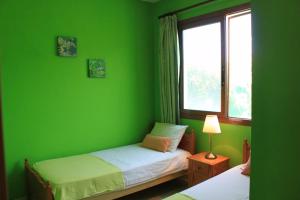EvrykhouYiannos House的绿色卧室设有两张床和窗户
