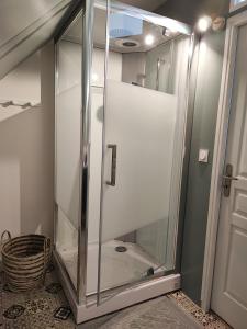 圣波勒-德莱昂Chambres d'Hôtes "Les Hauts Vents"的浴室内带玻璃淋浴间