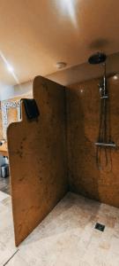 瓦隆蓬达克Couleurs du Sud的一间设有淋浴墙的房间的角落