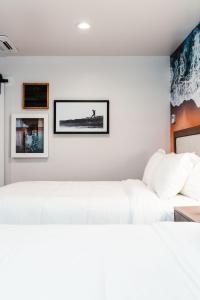 圣地亚哥Del Mar Beach Hotel的墙上挂着照片的房间的白色沙发