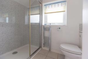 卡比斯贝Atlantic Blue的带淋浴和卫生间的浴室以及窗户。