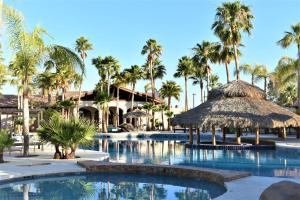 佩尼亚斯科港HACIENDA MONARCAS Resort的棕榈树度假村的游泳池