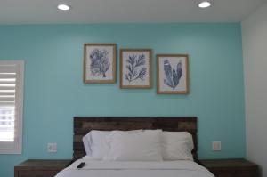 圣克莱门特Calafia Inn San Clemente Newly renovated的一间蓝色墙壁上装饰有三张照片的卧室